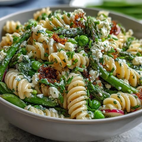 Vibrant Spring Pasta Salad with Lemon Vinaigrette and crisp radishes, asparagus, and snap peas in a bright citrus dressing.