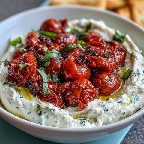 Whipped feta dip with roasted cherry tomatoes, creamy and tangy, served with warm pita bread.  
