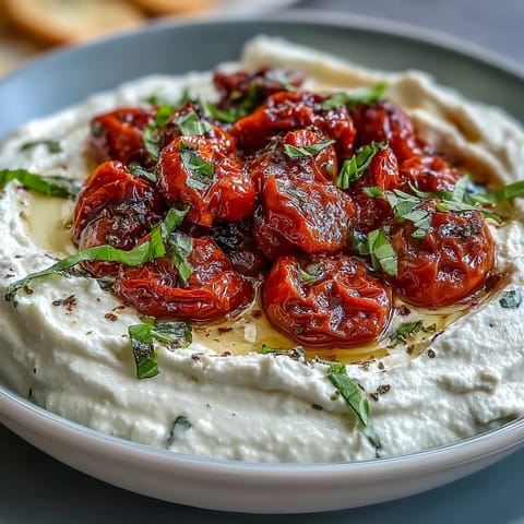 Creamy whipped feta topped with sweet roasted cherry tomatoes and fresh basil for a Mediterranean appetizer.  