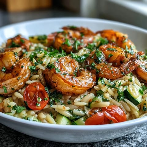 One-Pan Lemon Butter Shrimp and Orzo in a skillet with juicy shrimp, tender orzo, and bright cherry tomatoes, garnished with fresh parsley.