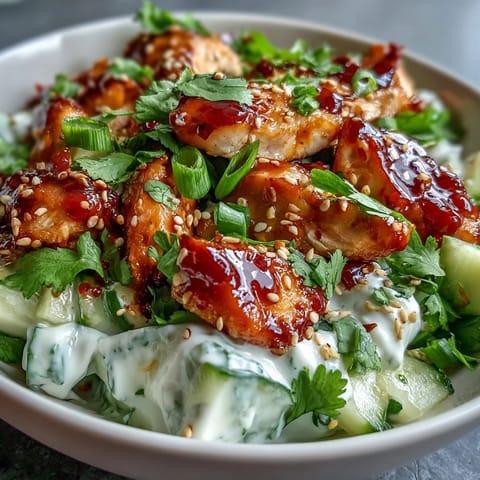Juicy seared chicken and cool, creamy cucumbers in TikTok Chili-Crisp Cucumber Chicken Bowls with chili crisp drizzle.