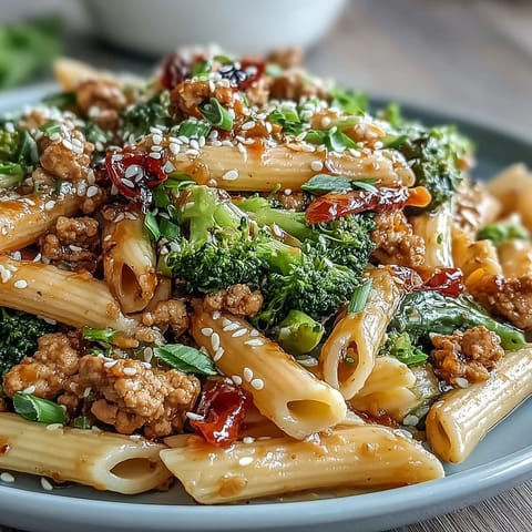 Freshly cooked Sweet & Spicy Turkey Broccoli Pasta with penne, vibrant green broccoli, and a glossy sweet chili glaze.