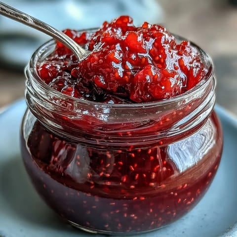 Vibrant homemade raspberry lemon chia jam in a glass jar, with fresh berries and lemon slices beside it.