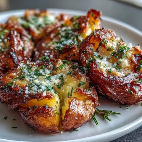 Crispy smashed potatoes with golden edges and fresh herbs, perfect for a satisfying side dish.