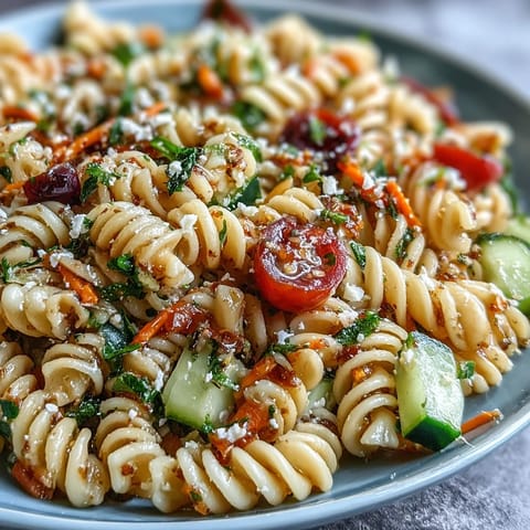 Vibrant Memorial Day Pasta Salad, chilled and brimming with fresh vegetables.