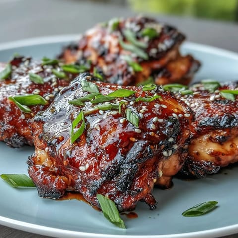 Oven-baked soy glazed chicken thighs with sticky, caramelized skin and a savory-sweet garlic sauce.  
