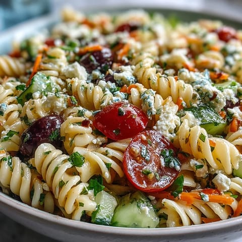 Colorful Memorial Day Pasta Salad featuring crisp veggies and zesty Italian dressing.