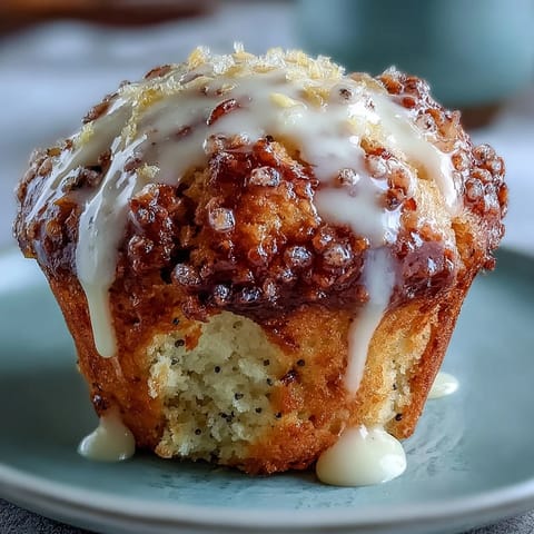 Golden lemon poppy seed muffins topped with sparkling sugar and drizzled with tangy lemon glaze, perfect for breakfast or snack.
