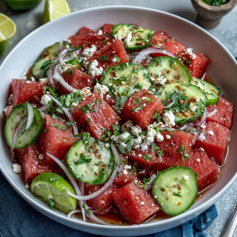 Juicy watermelon, crisp cucumber salad with Tajin seasoning and lime.