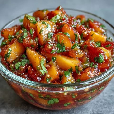 Vibrant peach jalapeño salsa topping grilled fish with fresh, zesty flavors.