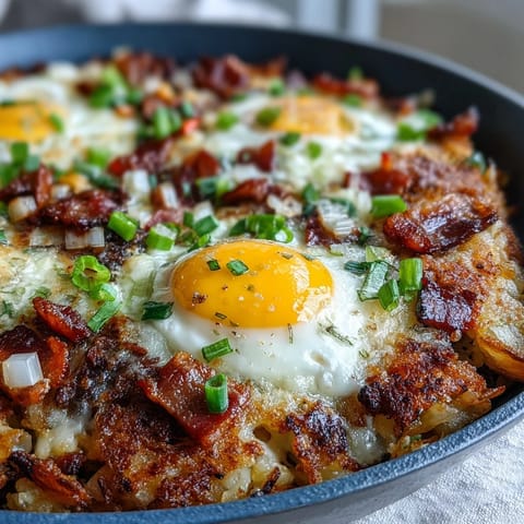 Loaded Hash Brown Skillet: Crispy potatoes, melty cheese, and runny eggs ready for brunch.