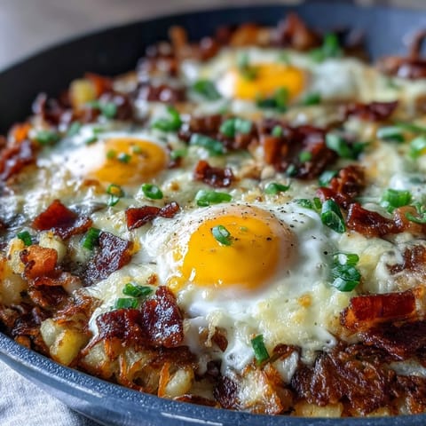 A tempting Loaded Hash Brown Skillet with bacon and fresh green onions, served hot.