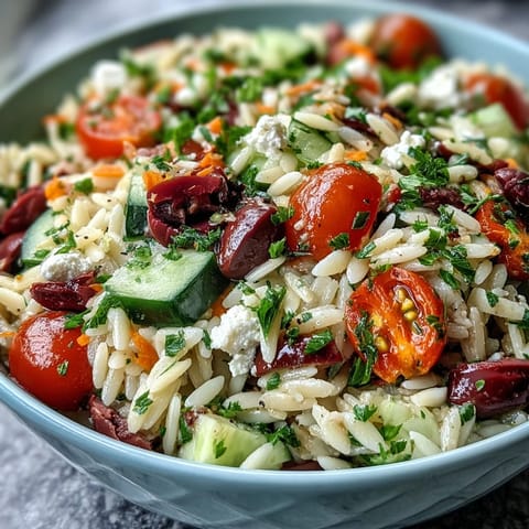 Bright Summer Orzo Salad with Feta, zesty lemon dressing glistens.