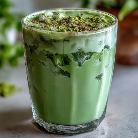 Vibrant matcha oat milk latte, a creamy, natural green beverage perfect for a healthy boost.
