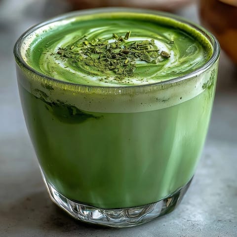 Frothy, dairy-free matcha latte with oat milk, showcasing its beautiful, earthy green hue.