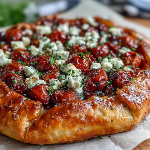 Rustic Roasted Cherry Tomato and Feta Galette with golden crust.