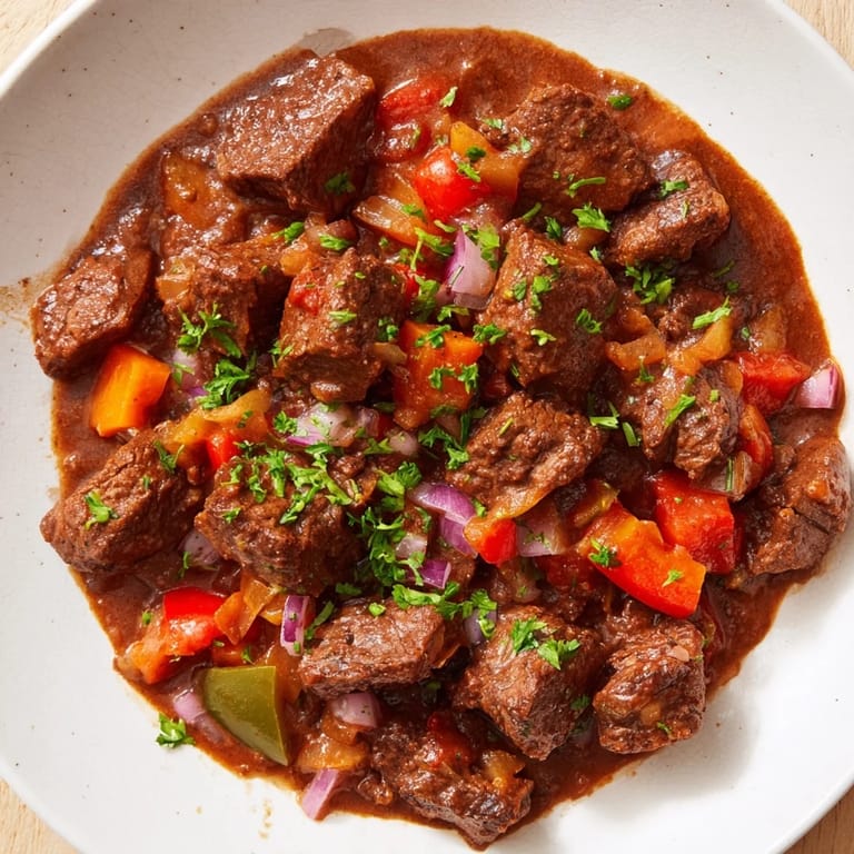 A close-up of a bowl filled with savory beef goulash, garnished and served with fresh bread.
