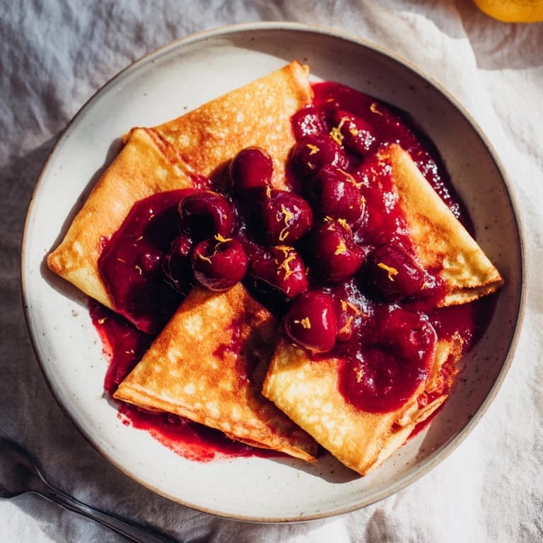Flambéed Elegant Cherry-Coded Crêpe Suzette, the warm, vibrant cherry sauce drizzled over delicate crêpes.
