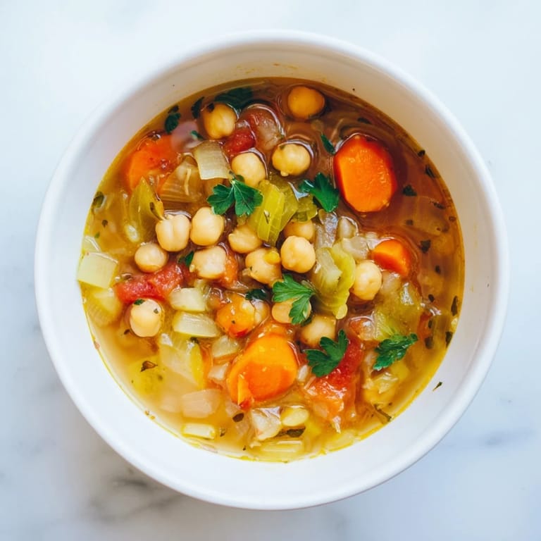 Enjoy a warm bowl of vegan Hearty Chickpea & Rosemary Soup, a comforting and flavorful French-inspired meal.
