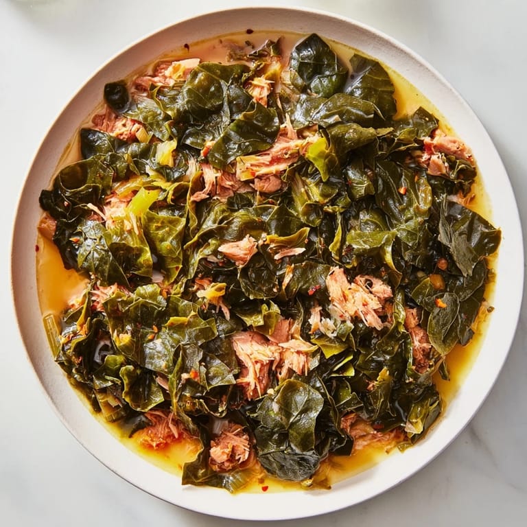 Close-up shot of the vibrant Rustic Southern Collard Greens with Smoked Turkey, garnished and ready to be enjoyed.