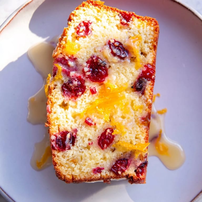 Fresh cranberries stud this Quick Cranberry Orange Loaf Cake, a festive American dessert, ready to enjoy.