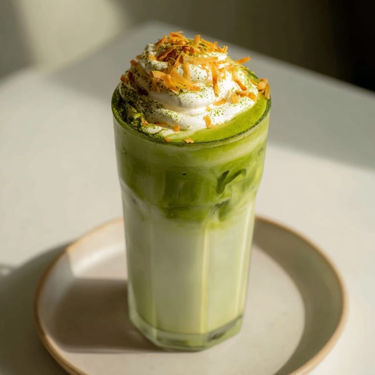Refreshing Toasted Coconut Gingerbread Iced Matcha with toasted coconut, appealing for a perfect treat.