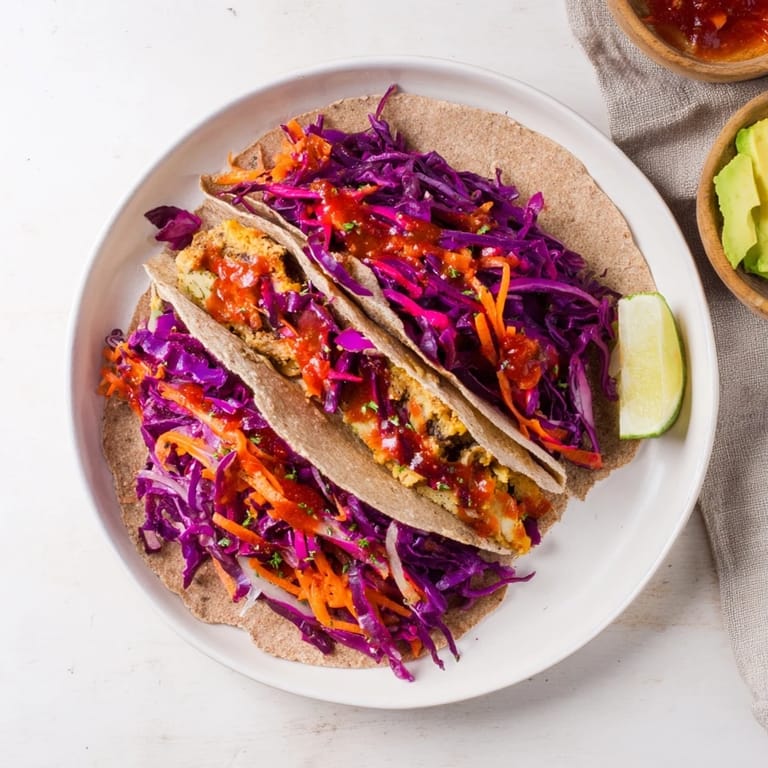 A close-up shot of a healthy BBQ Chickpea & Slaw Wrap showcasing the colorful fillings.