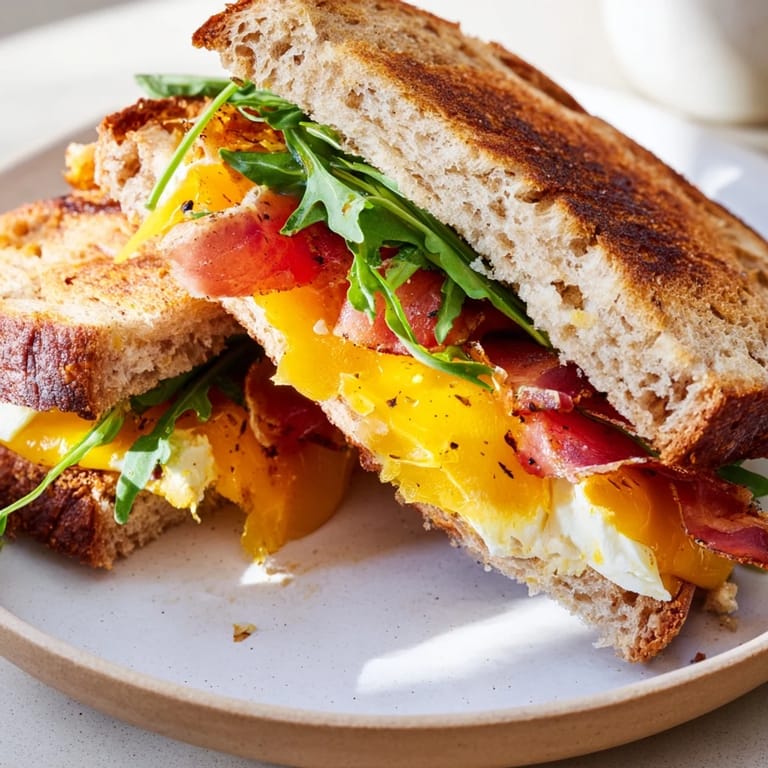 Crispy turkey bacon peek through the layers of this delicious Turkey Bacon, Spinach & Tomato Protein Grilled Cheese.
