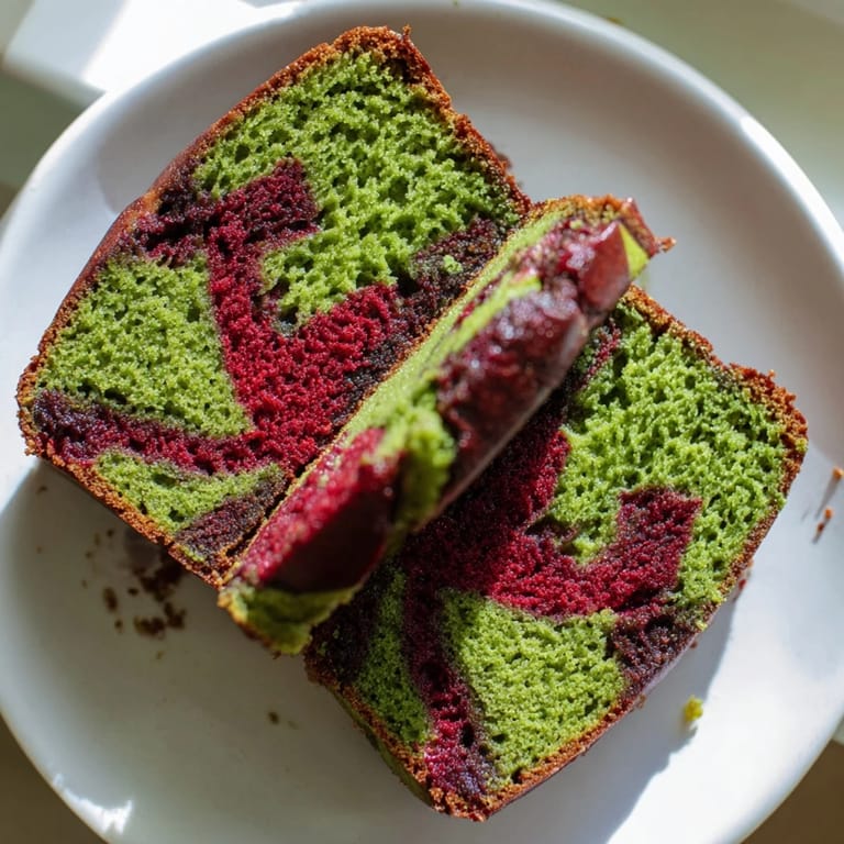 Moist slices of Red & Green Swirl Matcha Marble Pound Cake show off swirled matcha and berry layers.