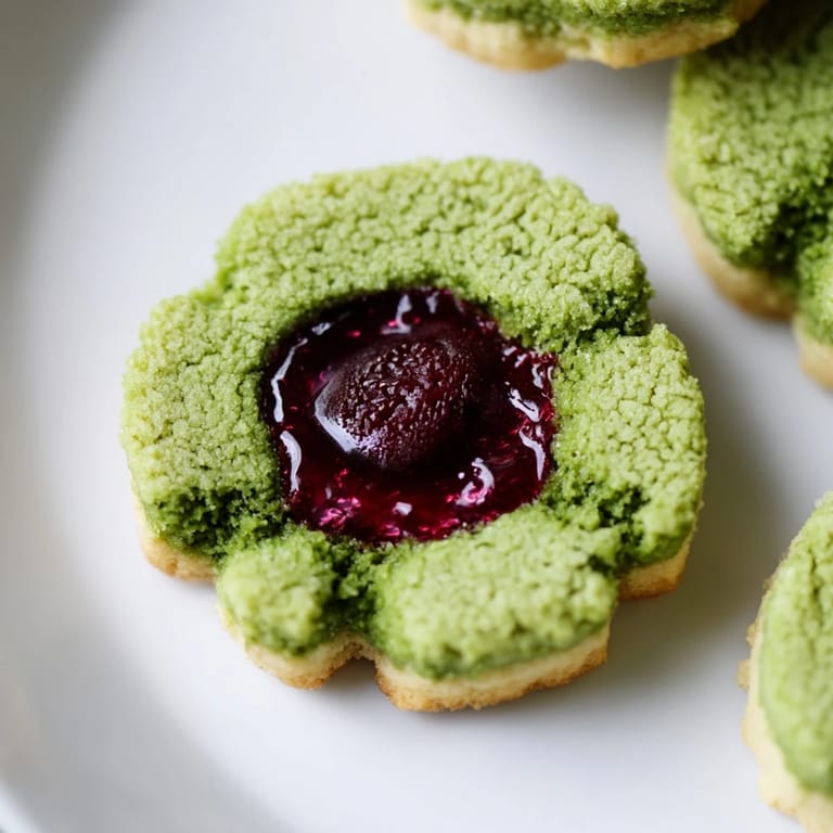 Enjoy delightful Matcha Cranberry Shortbread Thumbprint Cookies: buttery, subtly matcha-flavored, and filled with cranberry.