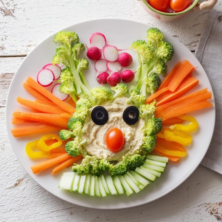 Perfect for Easter, a whimsical Bunny Meadow Veggie Board with fresh, healthy vegetables and tasty dip.