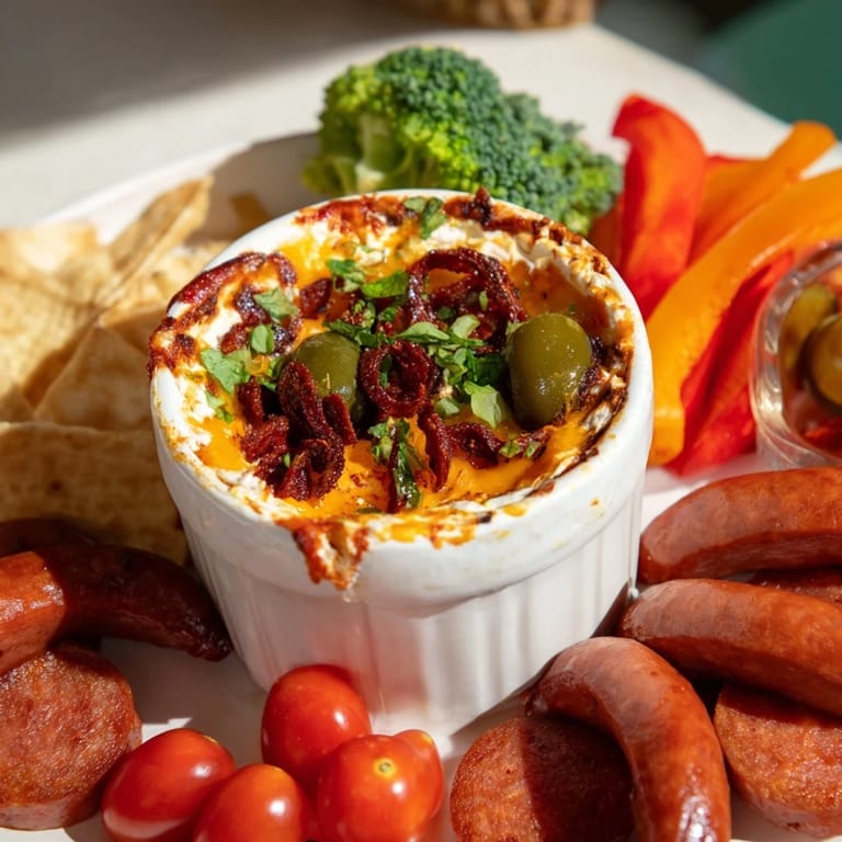 A close-up of the Lava Flow Volcano Dip platter showing a spicy cheese dip with flowing "lava" made of cheese and tomatoes.