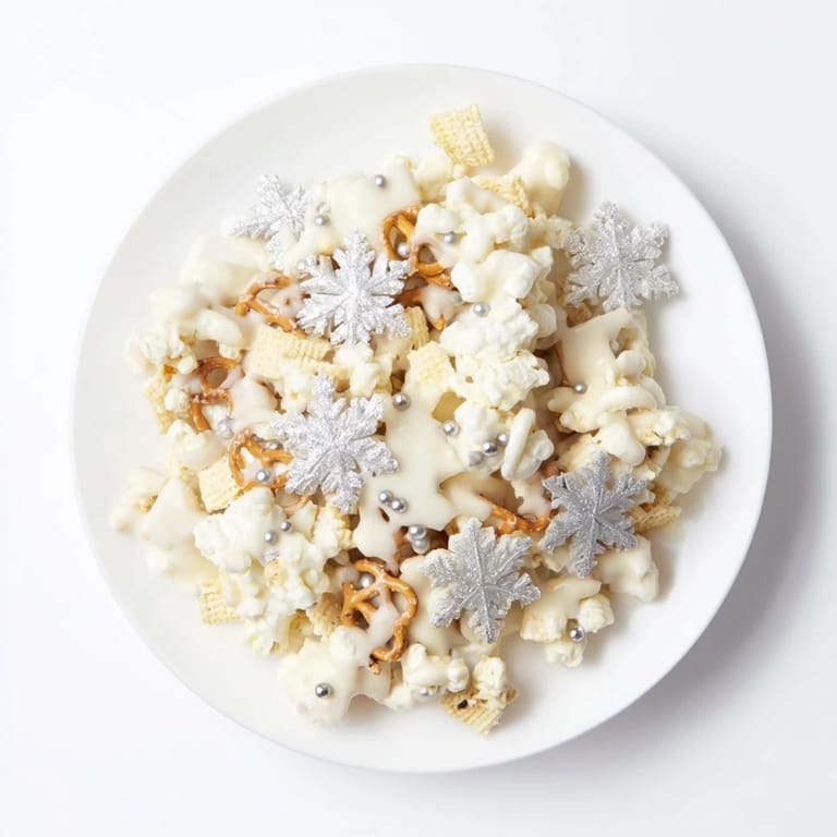 Close-up of the finished Ski Season Snowflake Snack Mix, showcasing sweet and salty pretzel bites with festive toppings.