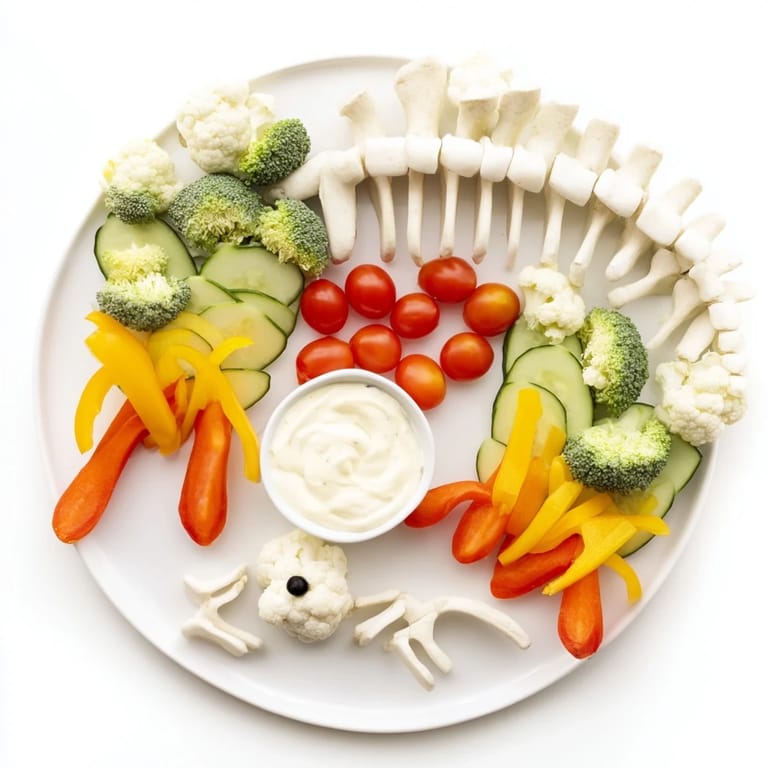 Vibrant Dino-Mite Dinosaur Fossil Crudités display featuring carrot "bones" with broccoli and cauliflower.