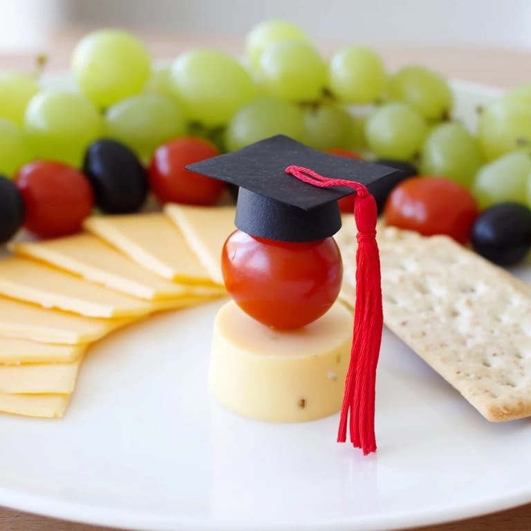 Freshly prepared Graduation Cap Platter, featuring cheese wheel base with a cracker "mortarboard" and red pepper tassel.