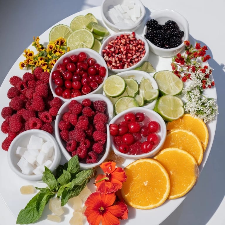 Beautiful Champagne Bar Garnishes: colorful fruit slices and blooms await to flavor your bubbly cocktails.
