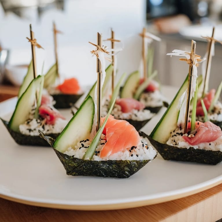 Delightful Sushi Sailboats at Sea, featuring fresh salmon and tuna, artfully arranged on a platter.