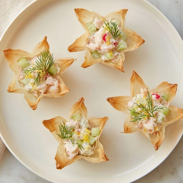Crispy phyllo cups filled with savory shrimp filling, a star cocktail cup creation with fresh dill.