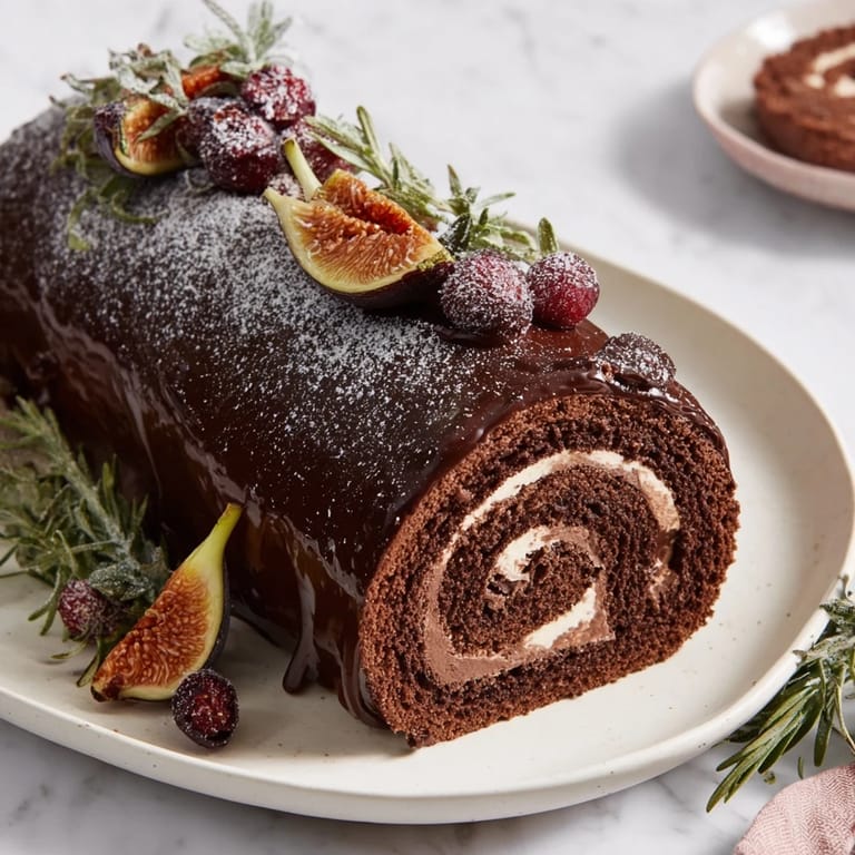 Cozy presentation of a Winter Warmer dessert board with a chocolate yule log and seasonal treats.