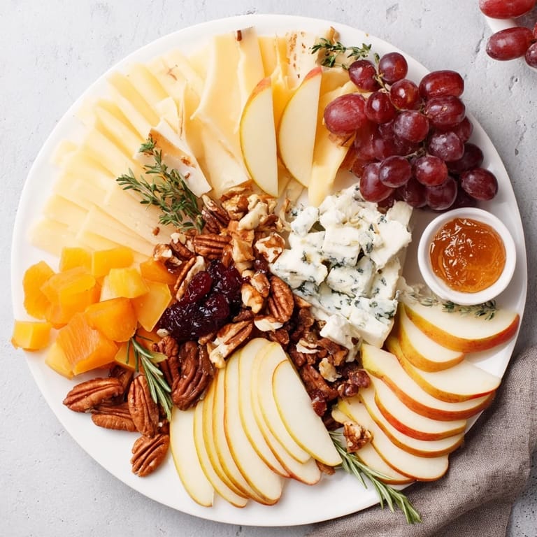 Perfect appetizer: Freshly prepared Seasonal Platter: Winter Cabin Cheese Display with crusty bread and crackers.