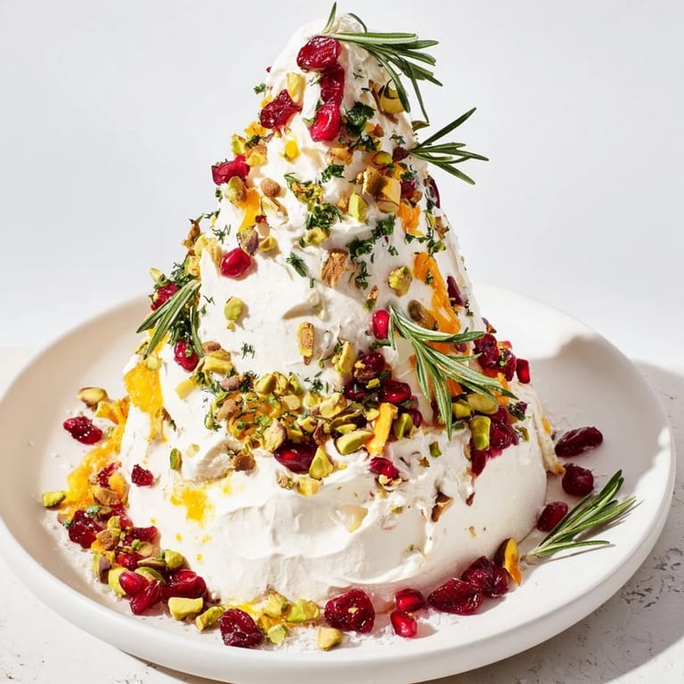 Festive Rosemary Cranberry Christmas Tree appetizer; a beautiful cheese spread with holiday flavors and garnishes.