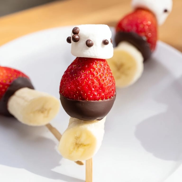 Freshly assembled Strawberry Banana Santa Sticks, a cheerful treat, ready to eat for kids and adults.