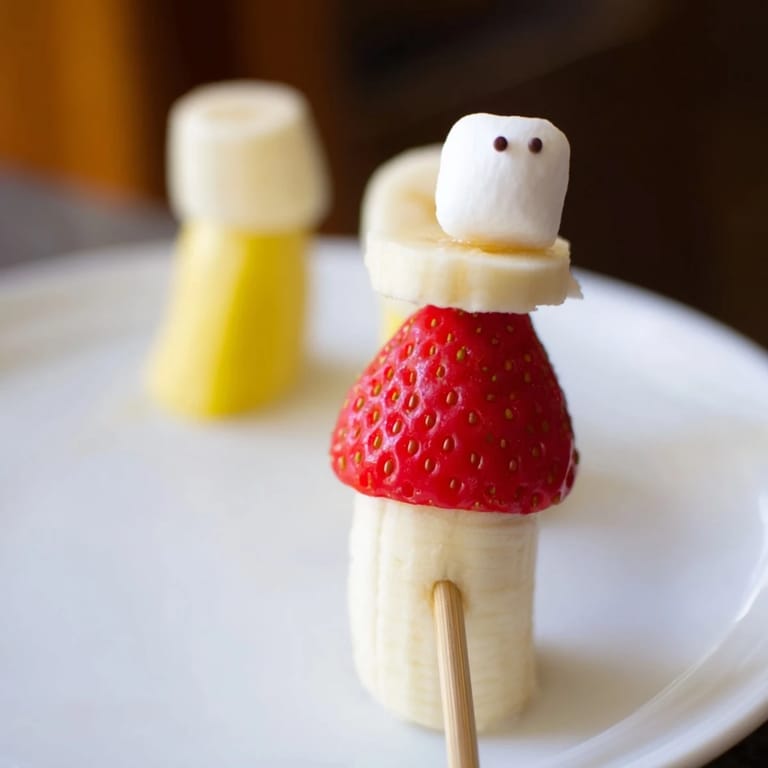 Delectable Strawberry Banana Santa Sticks: ripe bananas, strawberries, and soft marshmallows on skewers.