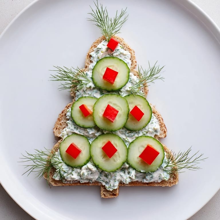 Festive Cucumber and Cream Cheese Tree Stacks appetizer, featuring vibrant green cucumber and creamy, herbed filling for a holiday treat.