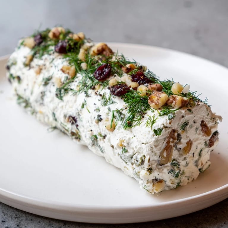 The delicious Winter Snowdrift Goat Cheese Log with a snowy coating and crackers alongside it.