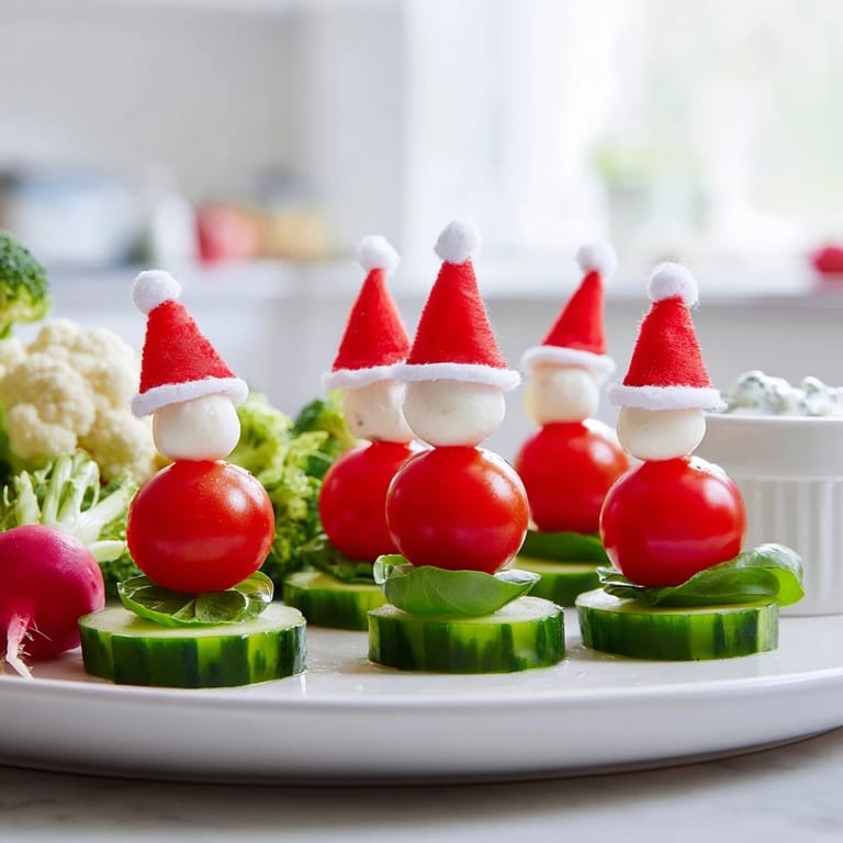 Bright red cherry tomatoes and mozzarella tops the delicious Savory Crudités "Santa hats" appetizer.