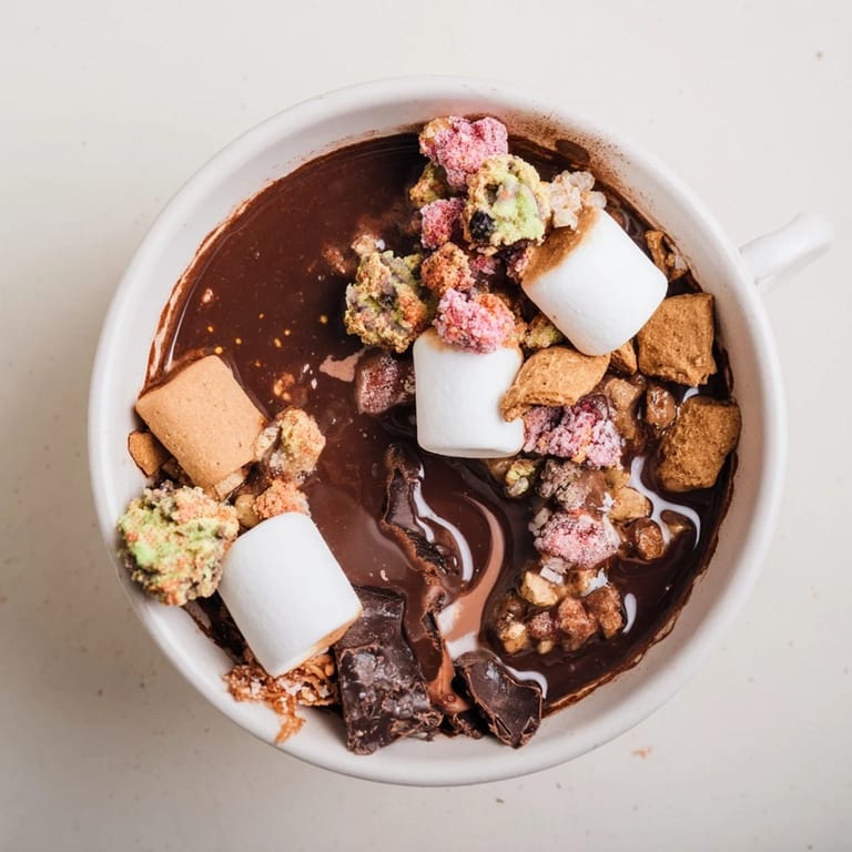 Vibrant toppings surround a mug ready for the exploding Hot Cocoa Bomb, a festive dessert.