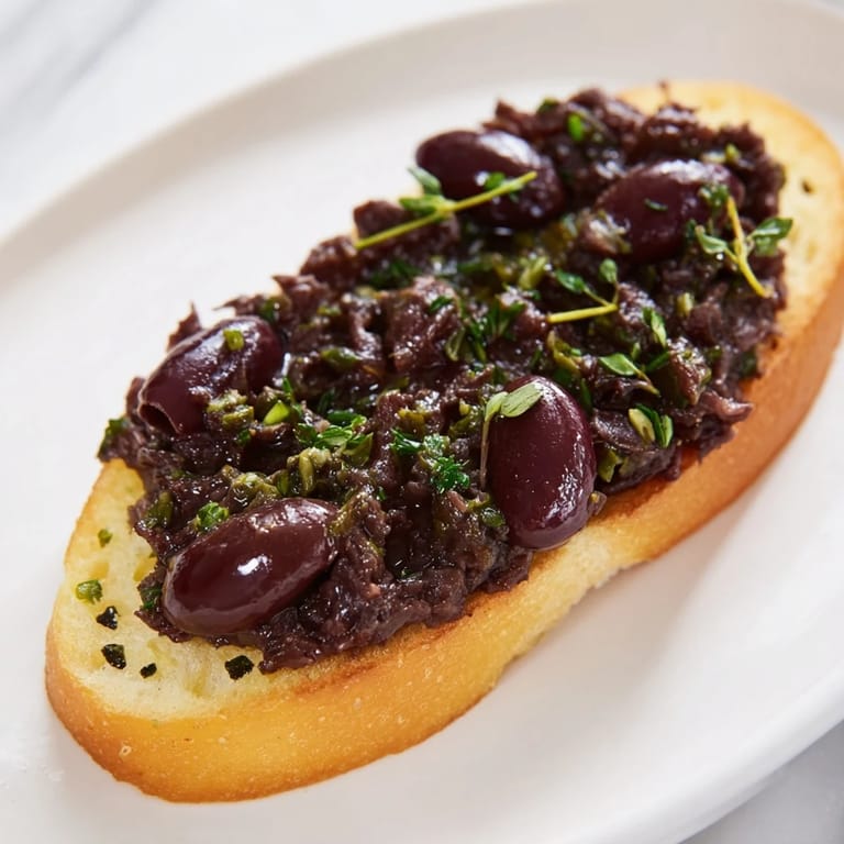 Close-up photo of a vibrant black olive tapenade, ready to be spread on crunchy crostini.