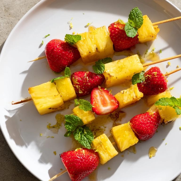 Colorful fruit skewers arrangement: sweet strawberries, tart pineapple chunks, perfect party treat.