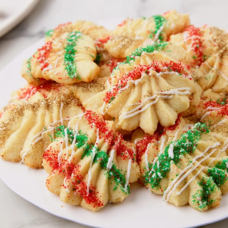 Fresh from the oven, these spritz cookies make an appetizing display as a layered fan.